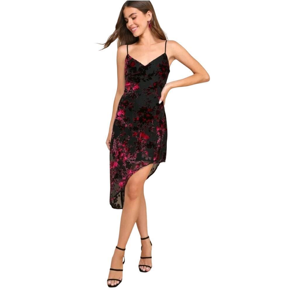 Lulus Assymetrical Velvet Burnout Dress Sz M Black Burgandy Whimsigoth Fairycore - Picture 2 of 9
